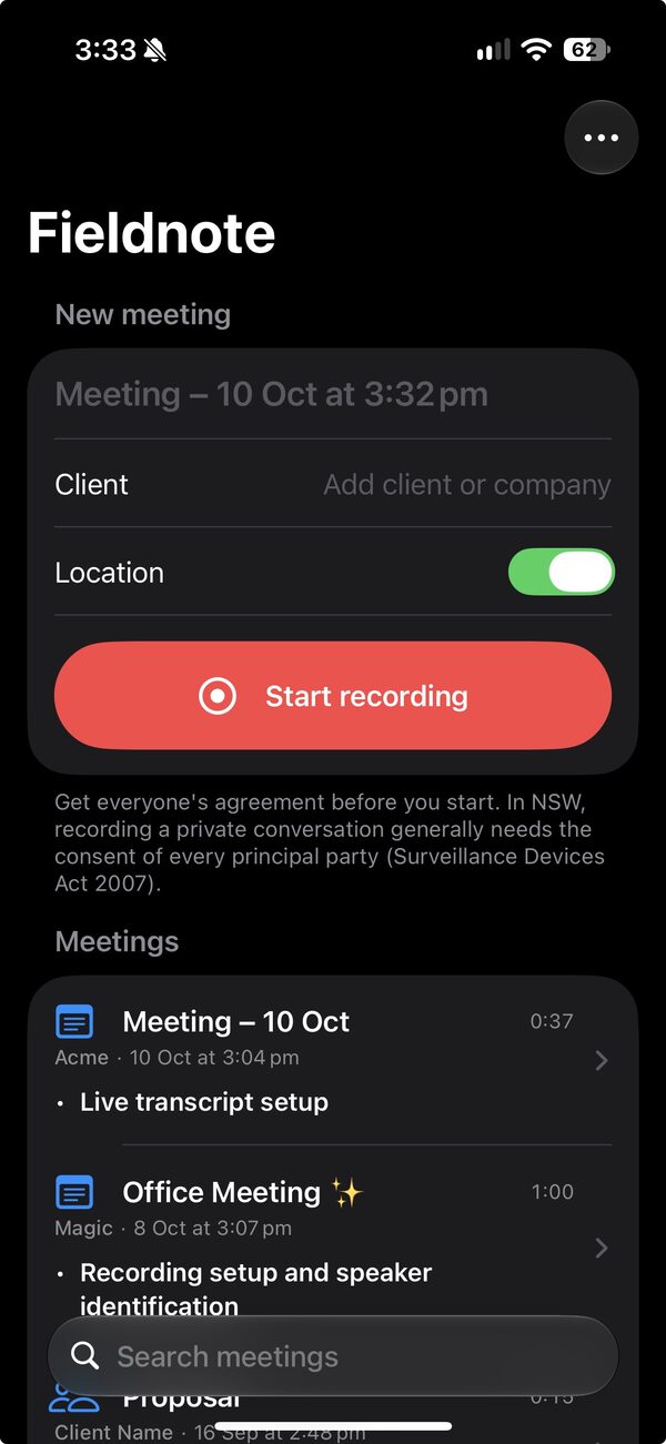 The meeting list: a New meeting card with title, client, location and Start recording, then recent meetings with their topics