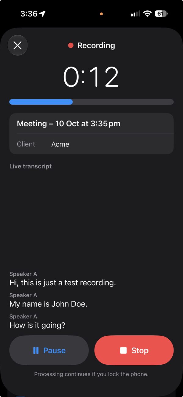 Recording: timer, level meter, the meeting's title and client, the live transcript with speakers, and Pause and Stop