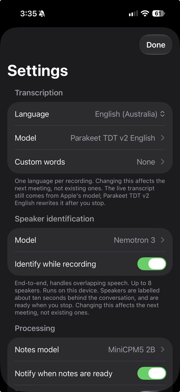 Settings: transcription language and model, speaker identification and the notes model